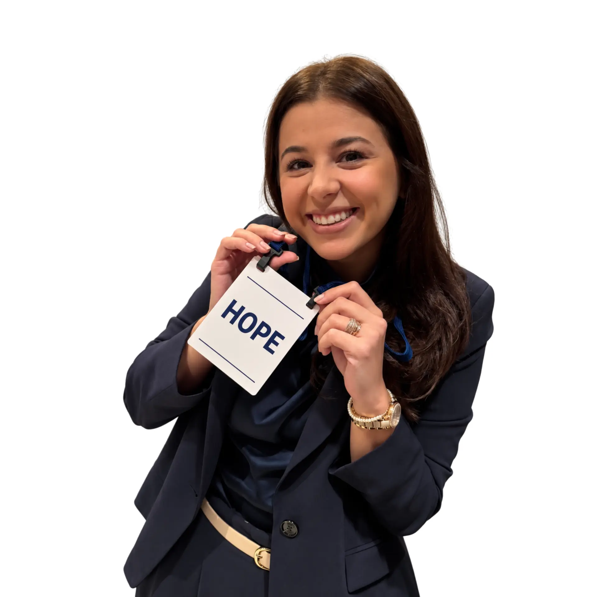 Adriana, founder of B2NGO, holding a sign that reads HOPE
