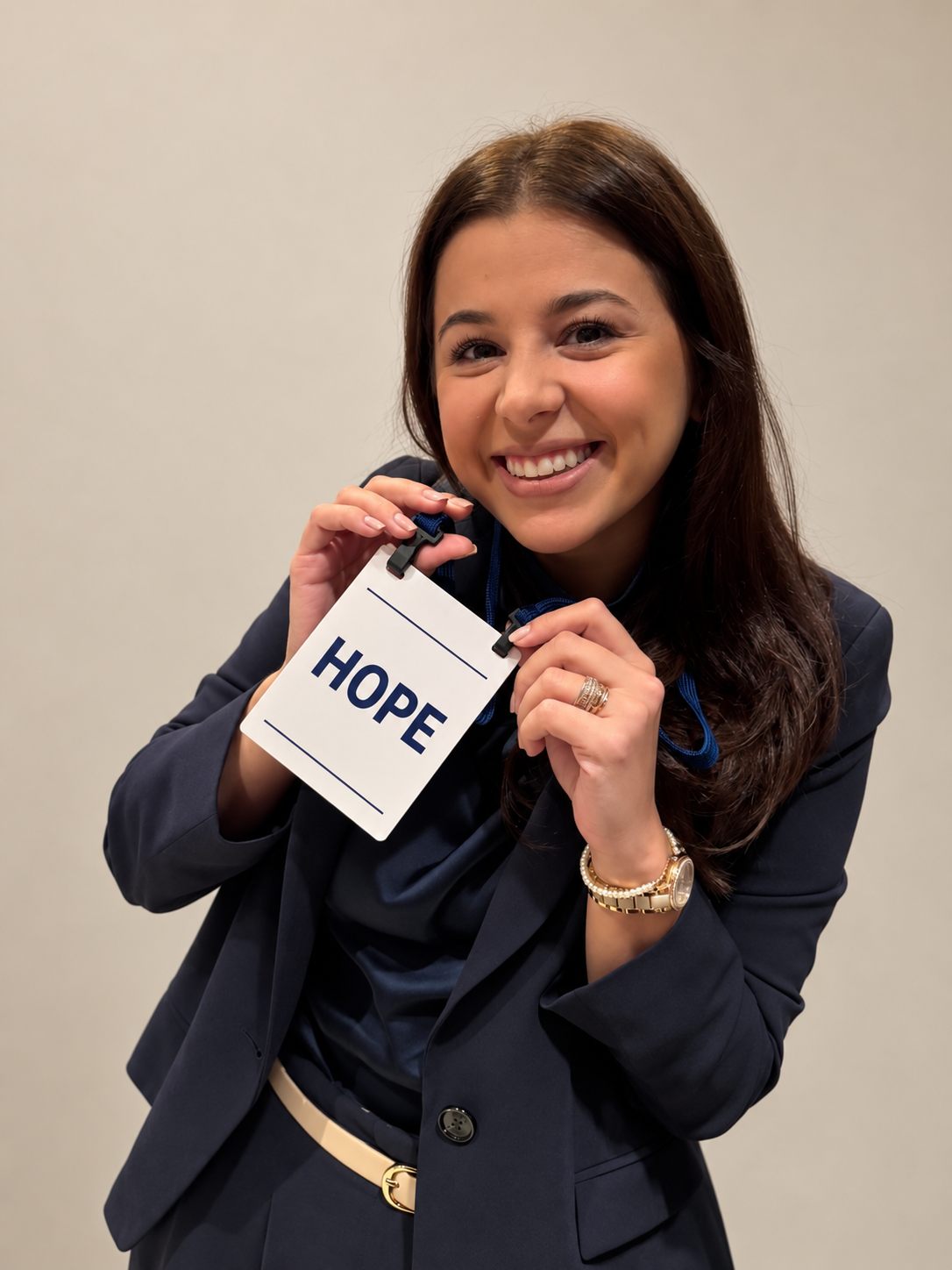 Adriana, founder of B2NGO, holding a sign that reads HOPE